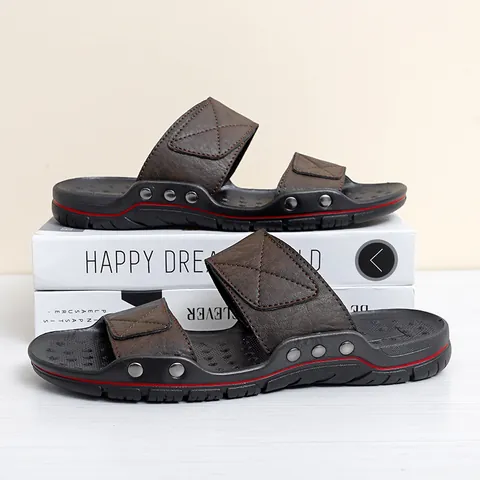 Herren Kuhfell Leder Sommer Sandalen Nietendekor Rutschfest Gummisohle Lässige Strandpantoletten Koreanischer Stil Mode Übergröße Outdoor Schuhe