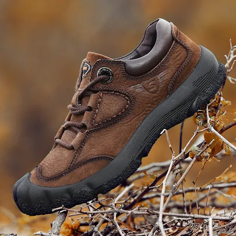 Herren Echtes Leder Wanderschuhe Outdoor Casual Sneakers Low Top Schnürschuhe Rutschfest Verschleißfest Lederschuhe Für Männer