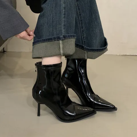 Women's Pointed Toe Stiletto Heel Ankle Boots Patent Leather French Style Sexy High Heel Elastic Sock Boots With Side Zipper
