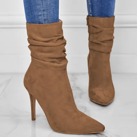 Women Slouchy Pointed Toe Stiletto Ankle Boots Faux Suede Mid-Calf Ruched High Heel Dress Shoes with Side Zipper Fashion