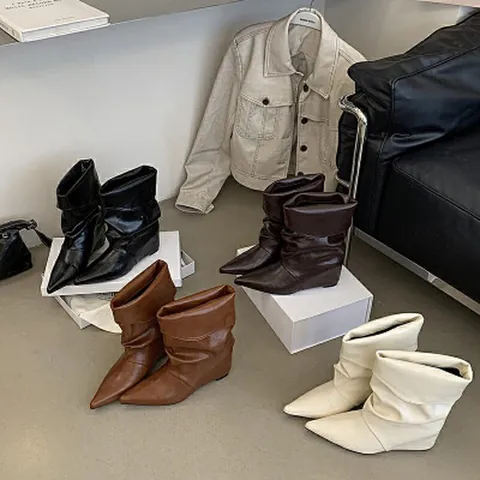 Women Pointed Toe Wedge Slouched Mid-Calf Boots With Belt Buckle Side Zipper PU Leather Slouchy High Heel Fashion Shoes