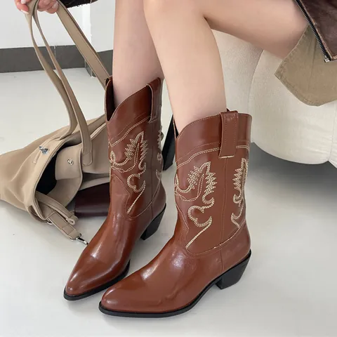 Women Retro Western Cowboy Boots Vintage Embroidery Pointed Toe Chunky Block Heel Knee High Riding Knight Boots PU Leather