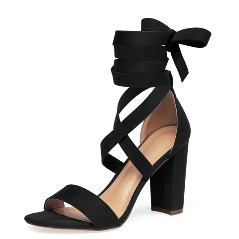 Women Block Heel Sandals Cloth Cross Lace-Up Straps Open Toe Summer Fashion High Heel Party Dress Shoes