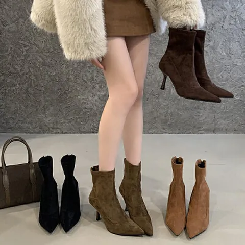 Women Fashion Pointed Toe Stiletto High Heel Ankle Boots Suede Solid Color Back Zipper Elegant Short Booties Party Shoes