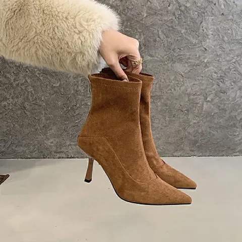 Women Fashion Pointed Toe Stiletto High Heel Ankle Boots Suede Solid Color Back Zipper Elegant Short Booties Party Shoes