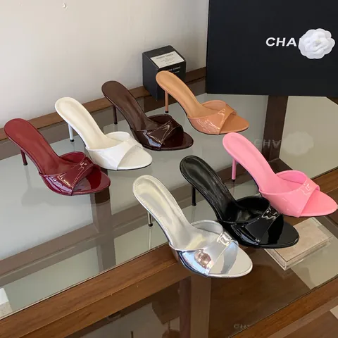 Women Stiletto High Heel Slippers Patent Leather One Strap Open Toe Mules Elegant Summer Sandals Party Banquet Dress Shoes