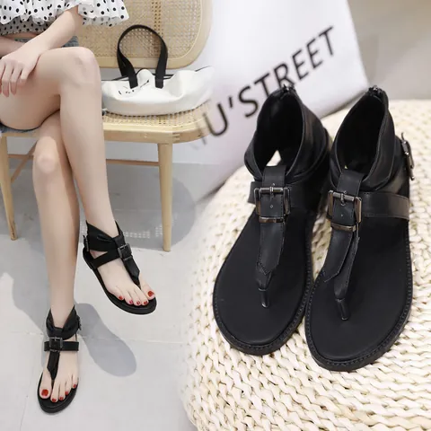 Women's Retro Roman Flat Sandals Clip Toe T-Strap Buckle Strappy PU Leather Summer Beach Shoes with Back Zipper Casual Daily