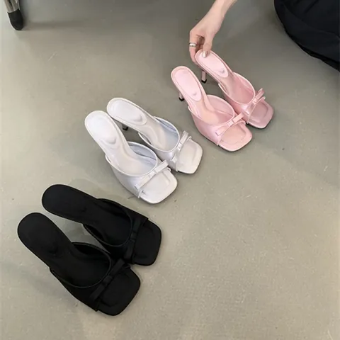 Women French Style Bow Square Toe Stiletto Sandals Elegant Satin High Heel Mule Sandals Summer Outer Wear Dress Shoes