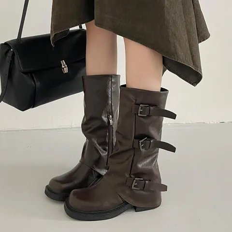 French Western Cowboy Mid Calf Boots for Women Triple Buckle Straps Slouchy Gaiter Boots Thick Square Heel Side Zipper PU Leather