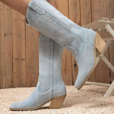 Damen Retro Western Cowboy Stiefel Denim Stoff Spitz Stickerei Dicker Hoher Absatz Kniehoch Ritterstiefel Mode Casual Schuhe