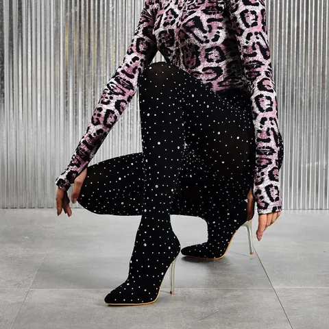 Women Sparkly Rhinestone Stiletto Pant Boots Pointed Toe Stretch Over The Knee High Heel Boots Fashion Party Pantashoes