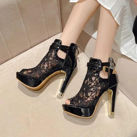 Women Peep Toe Lace High Heel Platform Sandals Ankle Strap Party Shoes For Banquet Wedding Sexy Hollow Out Dress Sandals