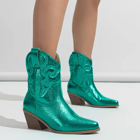 Women Vintage Western Cowboy Boots Metallic Embroidery Pointed Toe Chunky High Heel Slip On Fashion Mid Calf Boots For Party