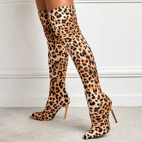 Sexy Women Over-The-Knee Boots Leopard Print Pointed Toe Stiletto High Heel Fashion Winter Tall Boots For Party Banquet Women
