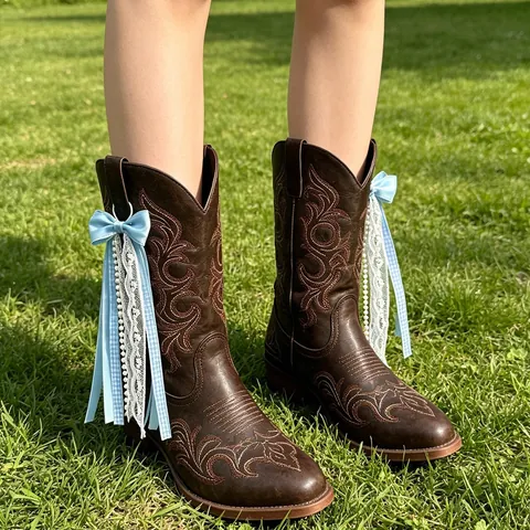 Handcrafted Cowboy Boot Ribbon Bow Pendant With Artificial Pearl Lace Tassels Western Boot Decoration Accessory For Women