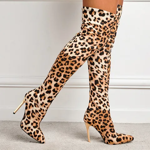 Sexy Women Over-The-Knee Boots Leopard Print Pointed Toe Stiletto High Heel Fashion Winter Tall Boots For Party Banquet Women