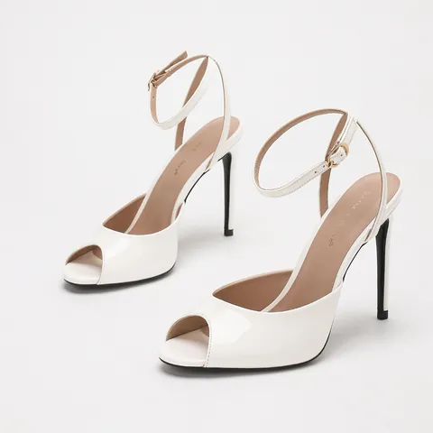 Women's Peep Toe Stiletto Sandals Ankle Strap Buckle Mirror PU Leather High Heels Elegant Summer Party Dress Shoes