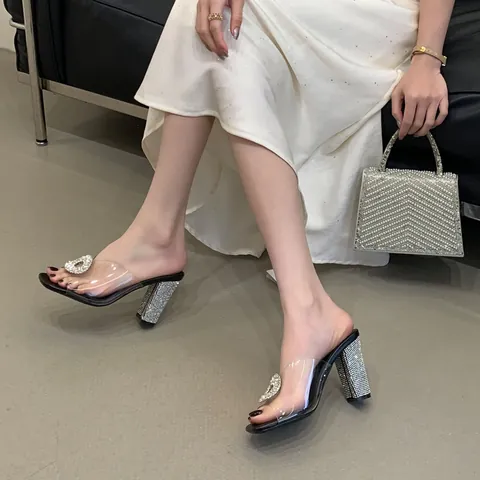 Women Fashion Transparent PVC Heeled Sandals Rhinestone Buckle Chunky High Heel Slippers Elegant Mules Square Toe Dress Shoes