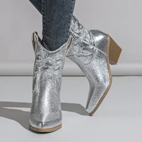 Women's Retro Metallic Cowboy Boots Embroidered Pointed Toe Chunky Wood Grain Heel Slip-On Denim Western Fashion Boots