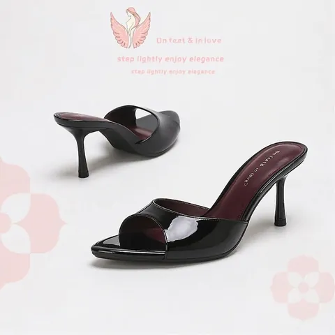 Women Sexy Mirror Patent Leather Peep Toe Stiletto High Heel Mules Commuter Elegant Backless Sandals Party Dress Shoes