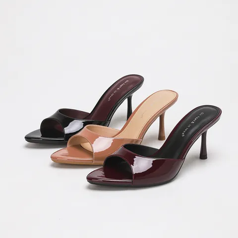 Women Sexy Mirror Patent Leather Peep Toe Stiletto High Heel Mules Commuter Elegant Backless Sandals Party Dress Shoes