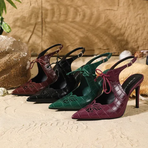 Retro Satin Stone Pattern Pointed Toe Slingback Sandals For Women Elegant Bowknot Hollow Out Stiletto Heels Summer Party Shoes