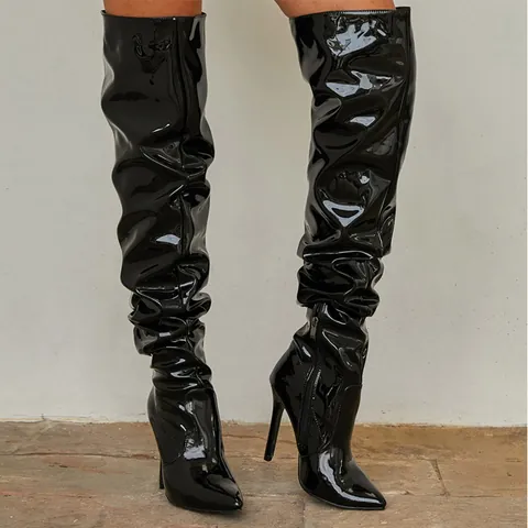 Women's Slouchy Over-the-Knee Boots Patent Leather Pointed Toe Stiletto High Heel Side Zipper Slouched Fashion Long Boots