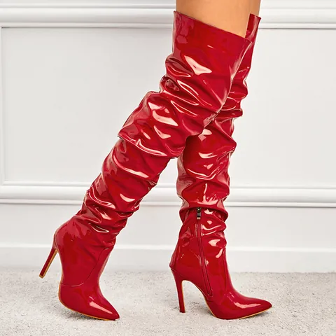 Women's Slouchy Over-the-Knee Boots Patent Leather Pointed Toe Stiletto High Heel Side Zipper Slouched Fashion Long Boots