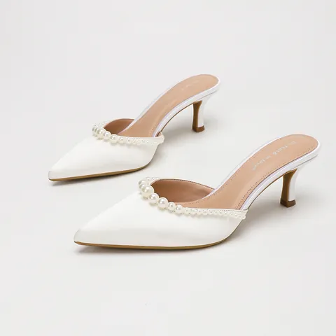 Elegant Satin Pointed Toe Stiletto Mules For Women Pearl Embellished High Heel Wedding Party Dress Shoes