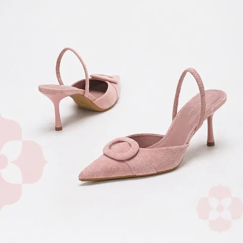 Women's Faux Suede Pointed Toe Slingback Heels Elegant Stiletto Pumps With Decorative Round Buckle Fashion Commute Shoes