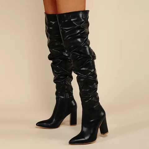 Women Over-the-Knee Slouchy Boots Pointed Toe Chunky High Heel PU Leather Fashion Long Boots Winter Shoes