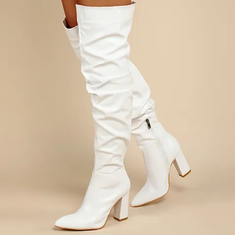 Women Sexy Over-the-Knee Slouchy Boots PU Leather Pointed Toe Stiletto High Heels Pleated Long Boots With Side Zipper Fashion