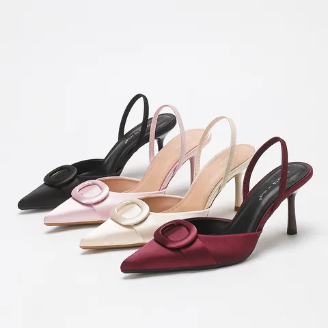 Elegant Satin Pointed Toe Stiletto Sandals For Women Slingback High Heels With Square Buckle Commuter Office Party Shoes