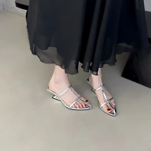 Sandales à Talons Mode pour Femmes Bout Pointu Bride en T Mules Métallisées Talon Aiguille Chaussures d'Été de Fête