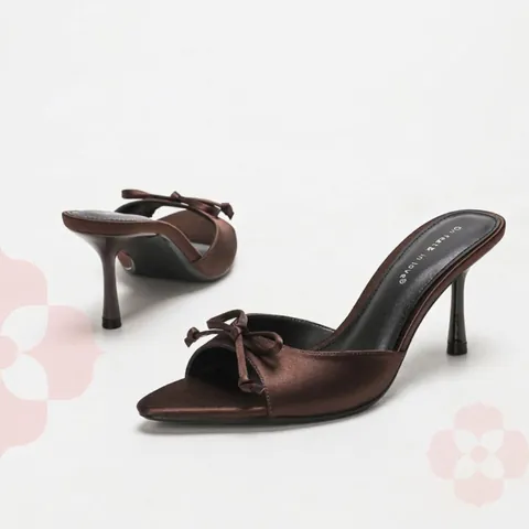 Women Summer Satin Pointed Toe Stiletto High Heel Mules Elegant Bow Decor Sandals Slip-on Dress Shoes For Commute Party