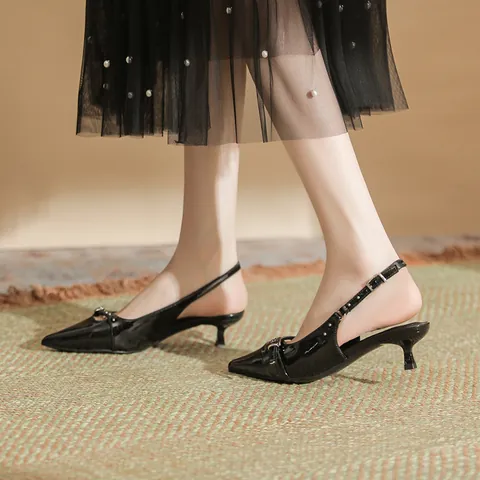 Women's Pointed Toe Slingback High Heel Sandals Patent Leather Stiletto Kitten Heels Elegant Party Office Dress Shoes