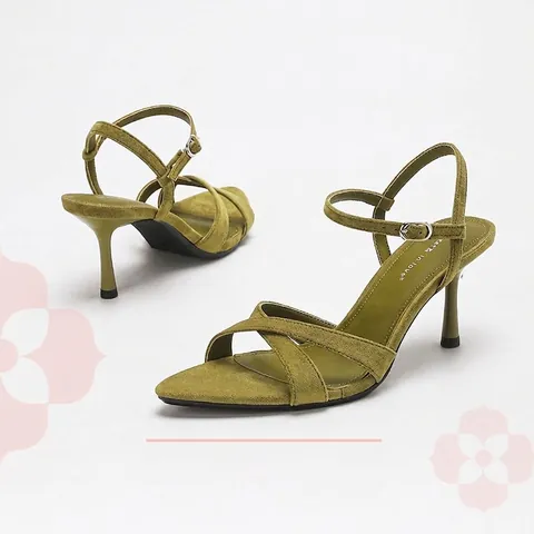 Women Velvet Stiletto Heels Open Toe Cross Strap High Heel Sandals Elegant Olive Green Sexy Commuter Office Dress Shoes