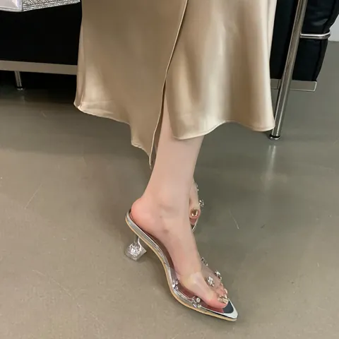 Damen Elegant Transparent Strass Spitz Zulaufend Pantoletten Mit Absatz Silber Spiegel Einlegesohle Kristall Glas Absatz Fee Stil Schuhe