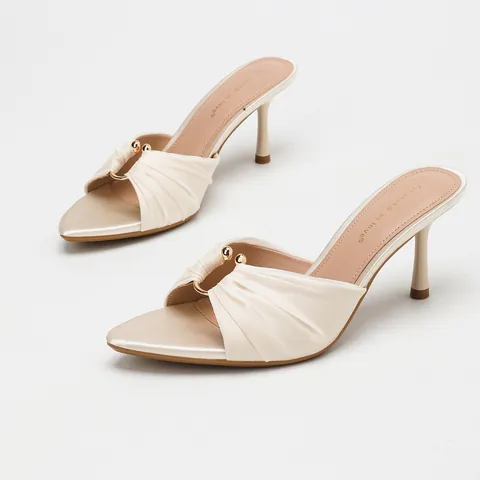 Women Satin Ruched High Heel Mules Square Toe Slip On Summer Sandals Elegant Pleated Slide Shoes For Vacation Party