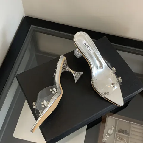 Damen Elegant Transparent Strass Spitz Zulaufend Pantoletten Mit Absatz Silber Spiegel Einlegesohle Kristall Glas Absatz Fee Stil Schuhe