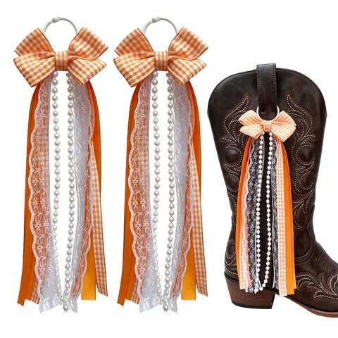 Western Cowboy Boot Charms For Women Polyester Ribbon Plaid Bow Tassel Artificial Pearl Lace Boot Decoration Shoe Accessories