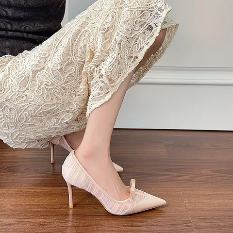 Women's Pointed Toe Bow Knot Mesh Stitching Satin High Heels Elegant Stiletto Pumps For Commute Banquet Wedding Party Shoes