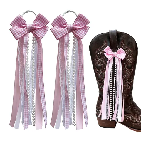 Western Cowboy Boot Charms For Women Polyester Ribbon Plaid Bow Tassel Artificial Pearl Lace Boot Decoration Shoe Accessories