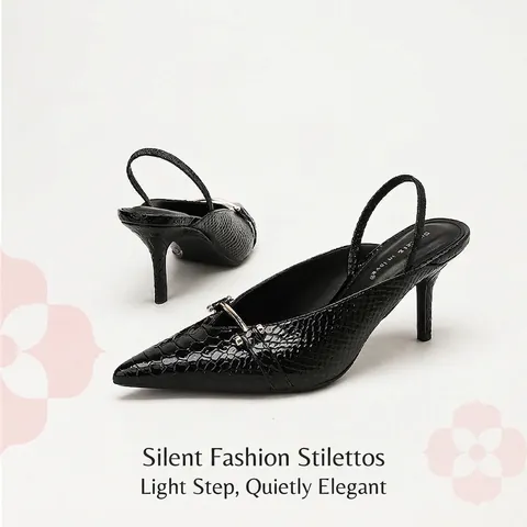 Women Pointed Toe Slingback High Heel Sandals Silent Stiletto Heels Crocodile Pattern Patent Leather Metal Buckle Retro Shoes