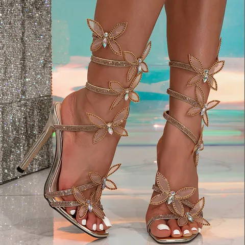 Women Rhinestone Butterfly Stiletto Sandals Snake Winding Straps Super High Heel Lace Up Sandals Fashion Show Party Heels