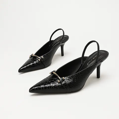 Women Pointed Toe Slingback High Heel Sandals Silent Stiletto Heels Crocodile Pattern Patent Leather Metal Buckle Retro Shoes
