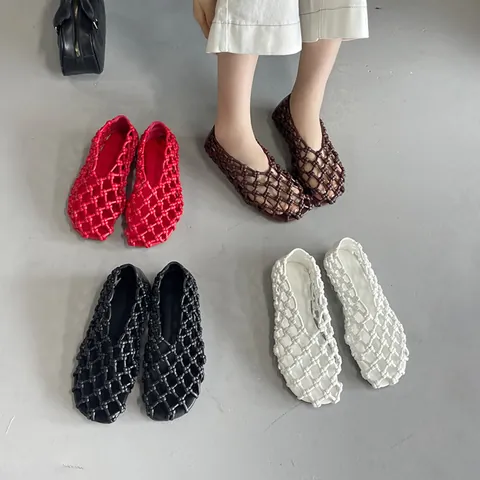 Women's French Style Hollow Woven Flat Sandals Microfiber Breathable Shallow Mouth Comfortable Summer Shoes