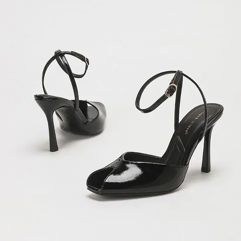 Women's Sexy Peep Toe High Heeled Sandals Wrinkled Mirror Patent Leather Slingback Stiletto Heels Lace-up Dress Shoes For Commute