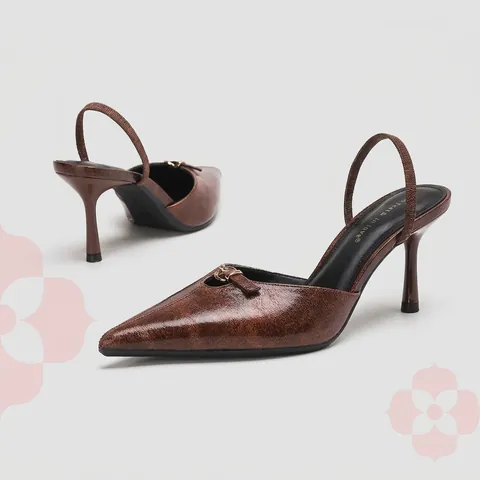 Salones Destalonados Stiletto Vintage de Cuero Charol Estilo Maillard Textura de Grieta Punta Afilada Con Hebilla de Metal para Mujer Zapatos de Vestir Oficina