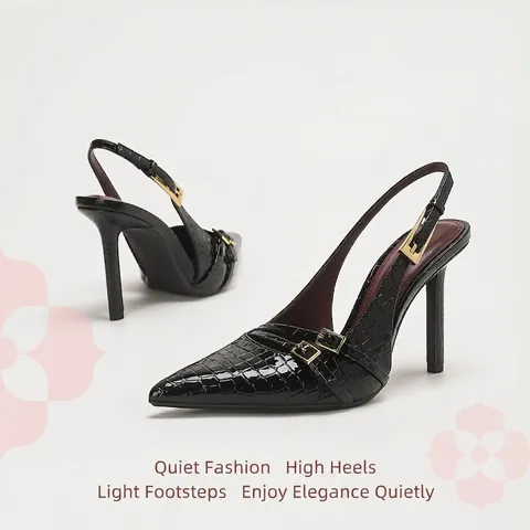 Tacones Altos Slingback de Punta Estrecha Vintage para Mujer Cuero Charol Patrón de Cocodrilo Tacones de Aguja Con Hebilla de Metal Zapatos de Oficina